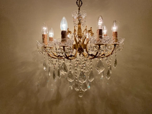 Antique Vintage Italian Chandelier Brass & Crystals Huge with 8 Arms Ceiling Lam