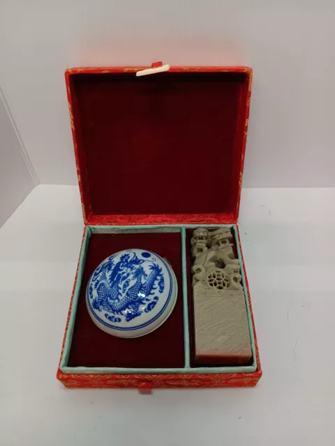 Chinese Red Wax Seal Jade Porcelain Dragon Container Stone Stamp Press Elizabeth