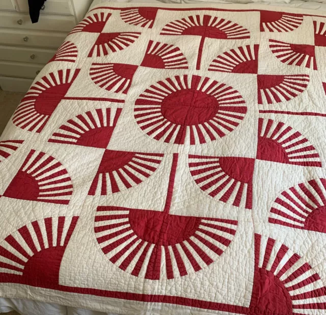 Vintage Red And White Fan Quilt 72X72” Machine And Hand Stitched