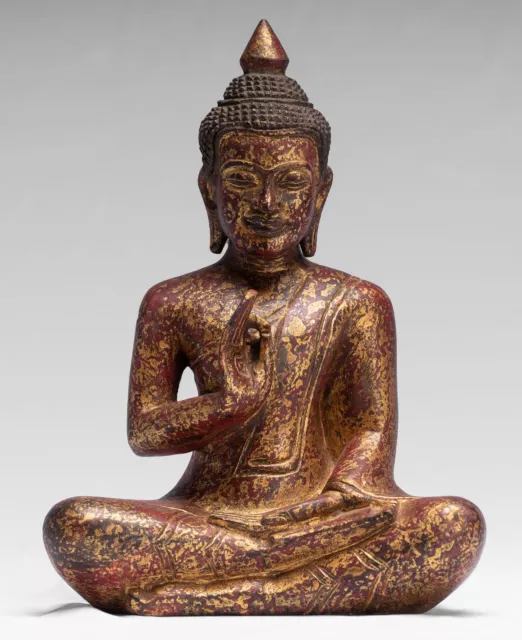 Buddha - Antique Khmer Style Seated Wood Buddha Statue Teaching Mudra - 26cm/10"