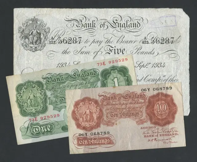 BANK OF ENGLAND £5 £1 10 shillings Peppiatt 1930s 1st Period TYPE SET Banknotes