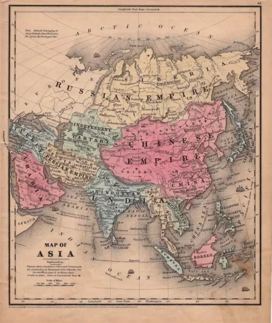 1849 Antique Smith's Geography Atlas Map Of Asia-Hand Colored