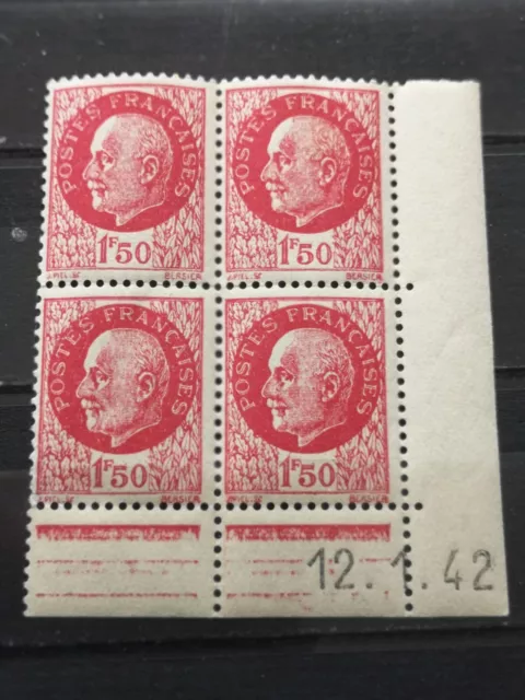 Timbre France 1941/42 N°516  PÉTAIN bloc de 4 timbres Coin Daté N°1  Neuf **