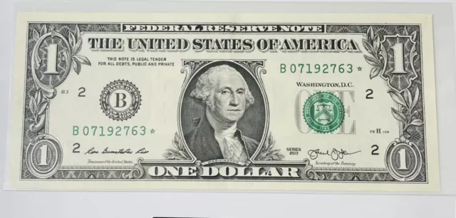 2013 (B) Series One Dollar Duplicate Serial Star Note NY Crisp $1 Print Error FW