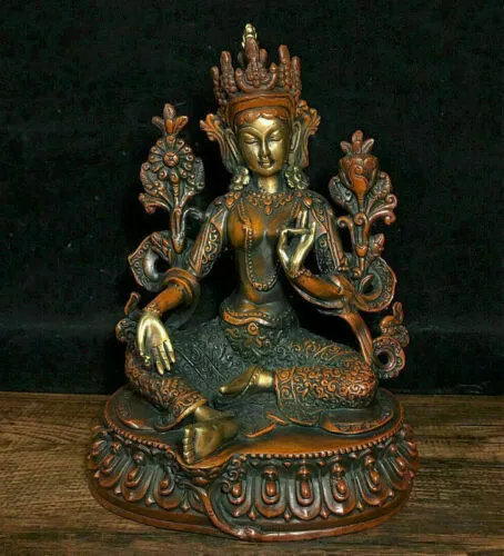 7.4" Old Tibetan Red Copper Gilt Temple Green Tara Enlightenment Sculpture