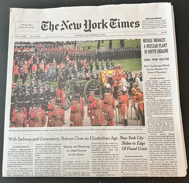 THE NEW YORK Times Newspaper September 20 2022 Queen Elizabeth II