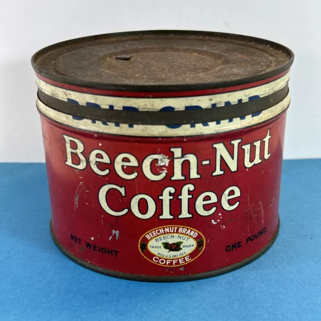 VINTAGE BEECH-NUT COFFEE 1 POUND EMPTY TIN CAN WITH LID Patina Collectible