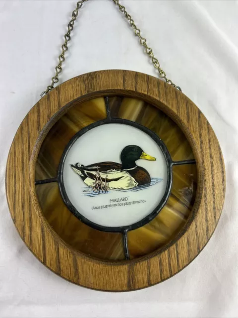 MALLARD DUCK Stained Glass Window Hanging Wood Frame Circle 7.5” Chain Brown