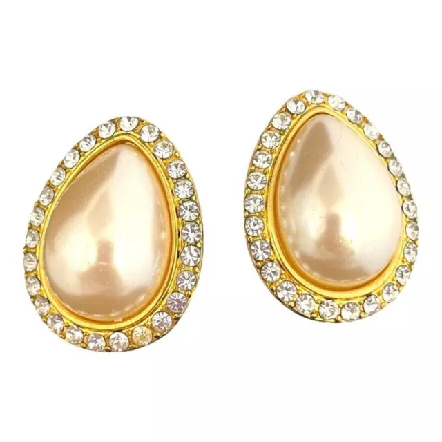 Vintage Earrings Simulated Pearl Gold Tone Crystal Classic Chic Clip On  1P