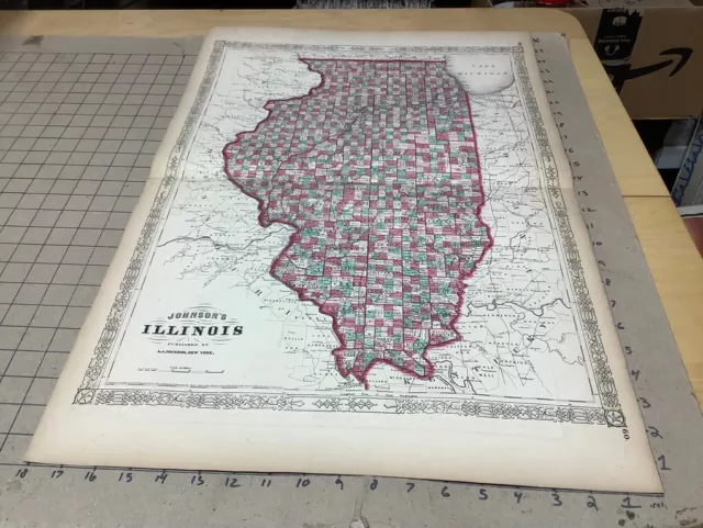 Original 1864 ILLINOIS:-) Antique hand colored JOHNSON's MAP 26.5 X 18"