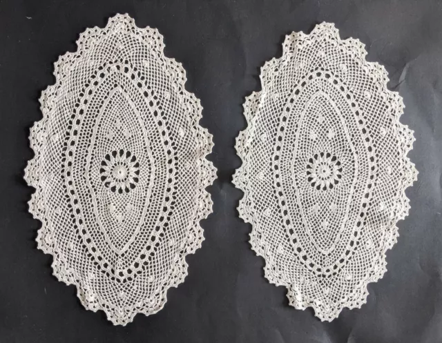 Pair of 2× Vintage Crocheted Dresser Vanity Doilies Lot Ivory White Oval 12×19"
