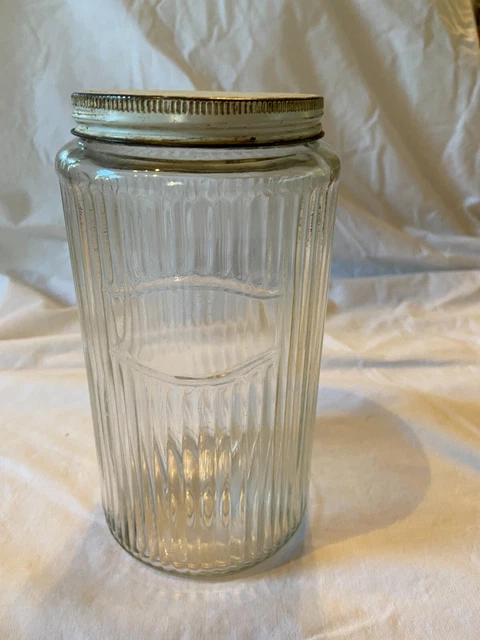 Vintage Glass Tall Canister Jar w Lid Hoosier Cabinet w Narrow Rib 7-3/4" Tall