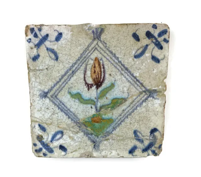 1700s  Antique Delft Tile Dutch Decorative Polychrome Flower