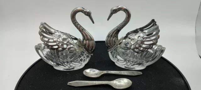Set of 2 Vintage Silver Plated Crystal Swan Salt Cellars w/2 Metal Spoons