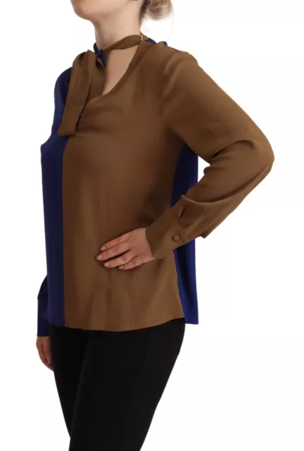 JUCCA Top Blue Brown Acetate Long Sleeves Blouse Tie Neckline IT44/US10/L $300 2