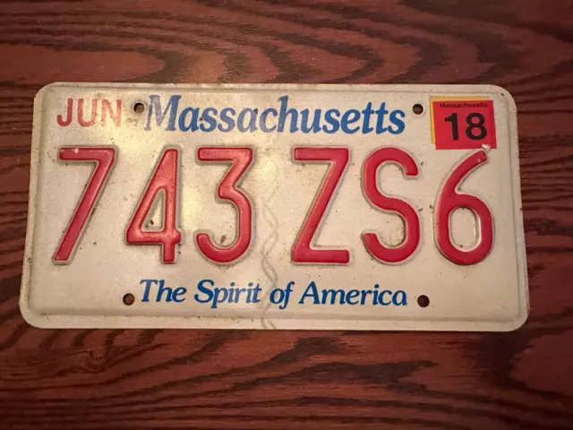 2018 Massachusetts License Plate 743 ZS6 Spirit of America MA USA Authentic June