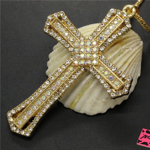 Hot White Crystal Shiny Prayer Cross Fashion Women Pendant Sweater Necklace