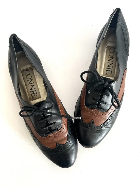 Vtg 80s 90s Black brown Leather lace up oxford saddle shoes flats academia 6.5