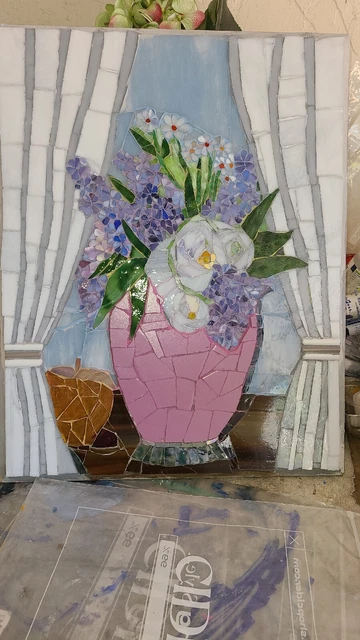 OOAK stained glass and Ceramic Mosaic still life, oriental theme Framed Wall art