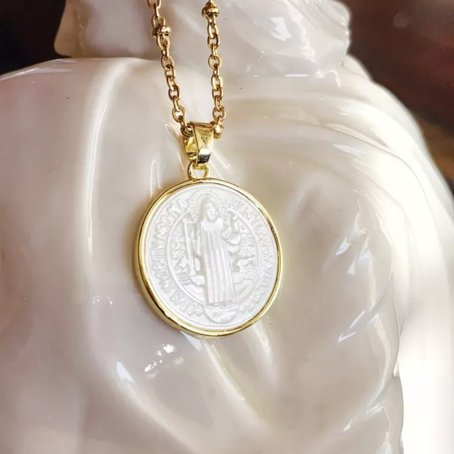 St Benedict Pendant Necklace Mother of Pearl Gold Tone ChainReligious Christian