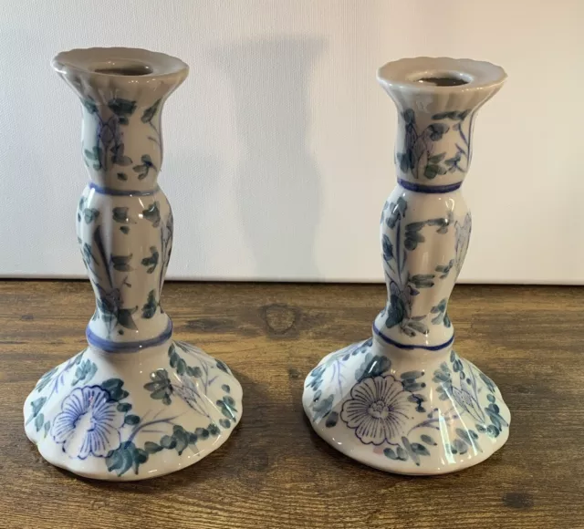 Vintage Blue Danube Candlesticks Candle Holders Pair Porcelain Blue White China