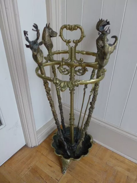 Vintage Brass  Fire Companion Set of Five Fireplace Hunting Design Unique Home