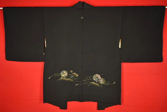 Vintage Japanese Kimono Silk Antique BORO Black HAORI Kusakizome Woven/A838/540