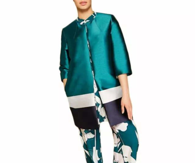 MARINA RINALDI Women's Dark Green Natascia Colorblock Coat 8W / 17 $485 NWT