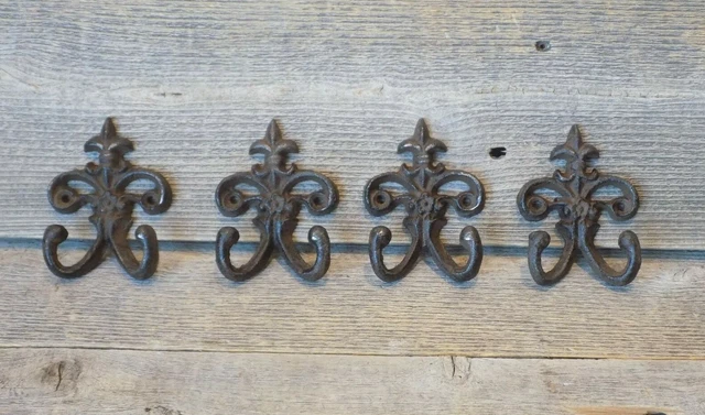 4 Cast Iron Fleur de Lis Rustic Weathered Double Wall Hook Rustic Vintage Look