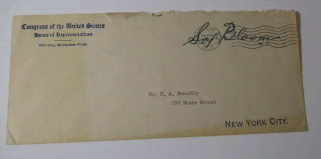 1937 U.S. CONGRESS Official Business Envelope SOL BLOOM New York COVER CACHET