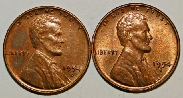 1954-D-S Lincoln Wheat Ears Pennies, Set of 2 Coins AU (C9)