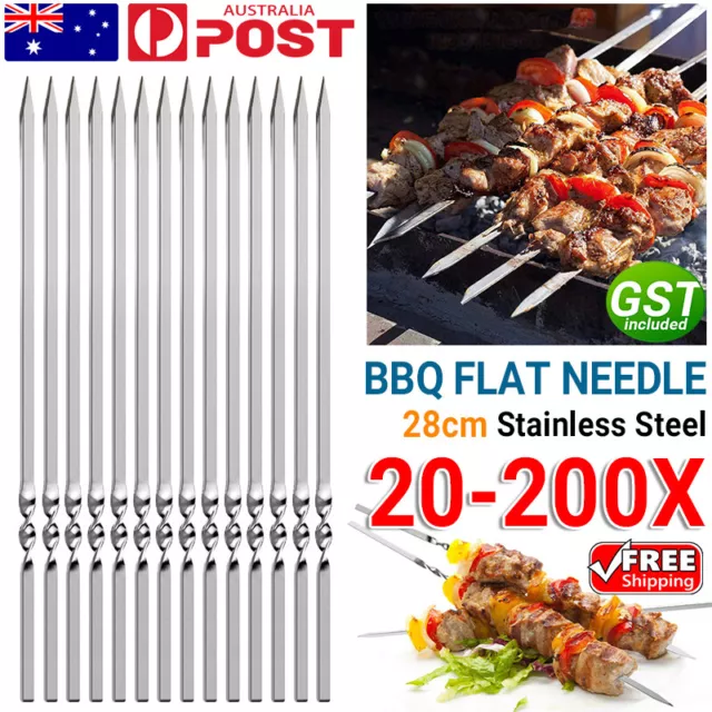 20-200x BBQ Stainless Steel Skewers Flat Needle Tools Barbecue Kebab Sticks AU