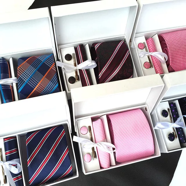 Set Men's Jacquard Weave Polyester Tie Handkerchief Cufflinks Clip in Gift Box