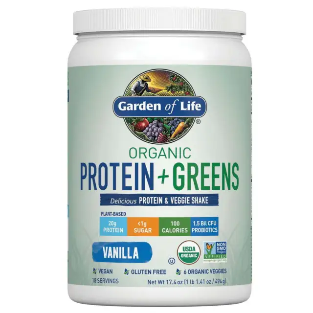 Organic Plant Protein & Greens Powder, Vanilla Shake, 20g Protein, FAST SHIPPING