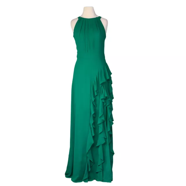 Betsy & Adam Emerald Green Helen Long Chiffon Ruffle Halter Neck Dress Size 8 NE