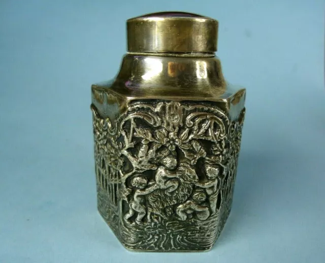 Antique E.G. Webster & Son Silverplate Tea Caddy w Ornate Scenes on 6 Sides, 4"