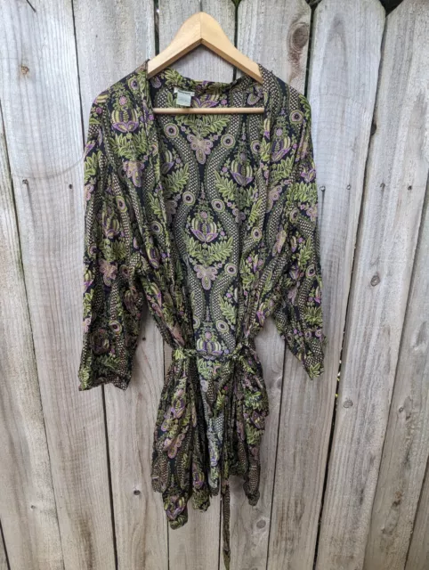 Neiman Marcus Silk Satin Robe Purple Green Black Botanical Printed Pockets 2