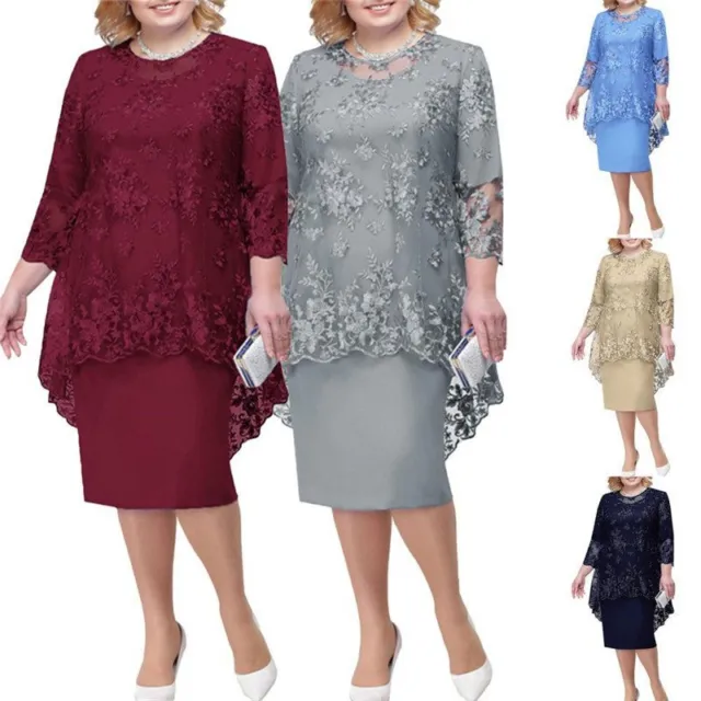 High-Waist O-Neck Elegant Embroidery Lace 3/4 Sleeve Midi Dress Plus Size S-5XL