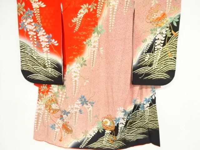 02466# Japanese Kimono / Antique Kimono For Girls / Floral Plants & Bell