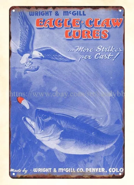 1947 Wright McGill fishing eagle claw lures metal tin sign garage poster metal