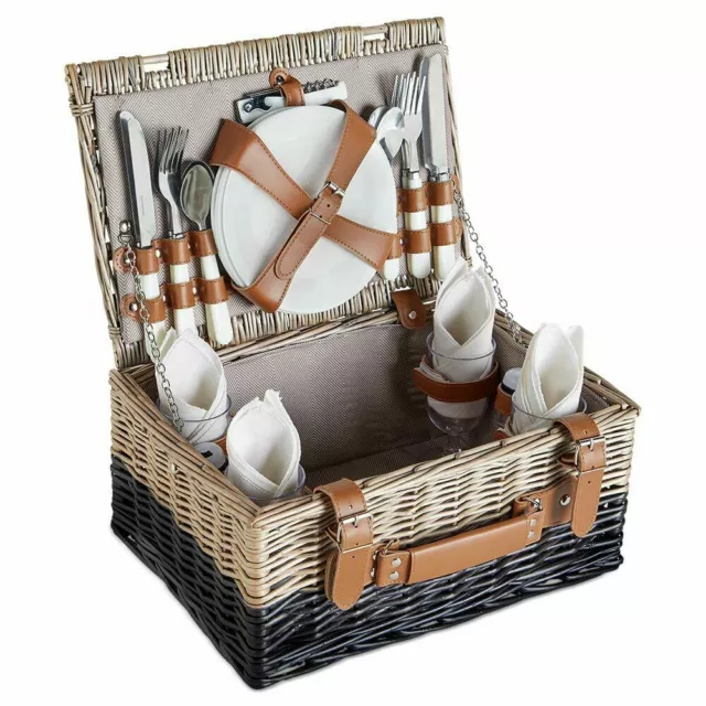 Luxury 4 Person Traditional Picnic Hamper Wicker Willow Basket Dining Set