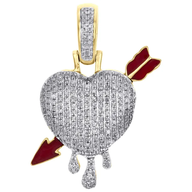 10K Yellow Gold Diamond Domed Heart & Bow Arrow Pendant 1.25" Pave Charm 1/2 CT.