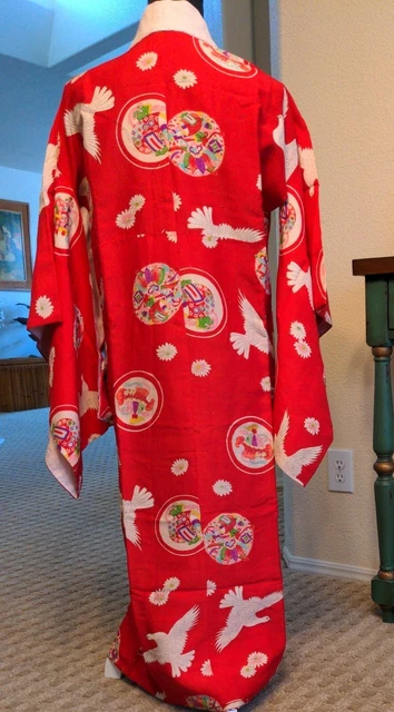 Lovely Old Vintage Japanese Raw Silk Juban  Kimono Robe Birds Lined cotton S