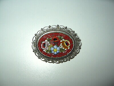 Pretty Large Vintage Silvertone Micro Mosaic Colorful Red Flower Oval Brooch Pin