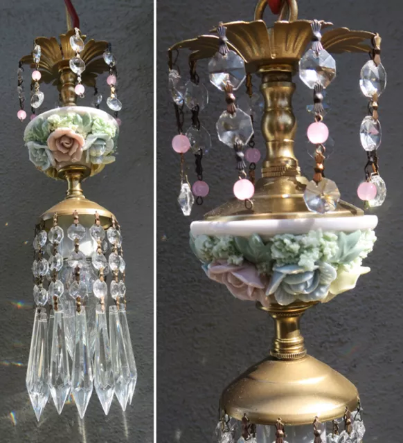 Vintage lamp Porcelain Pink Rose floral Brass tole chandelier Swag crystal prism