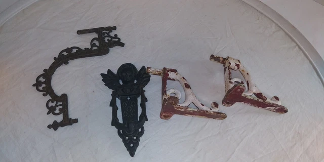 Vintage Pair Of distressed Decorative Cast Iron Wall Shelf Brackets+ bonus items