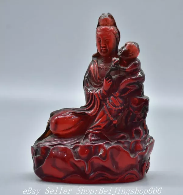 5.2" Old Chinese Red Amber Carved Kwan-yin Guan yin Goddess Tongzi Statue