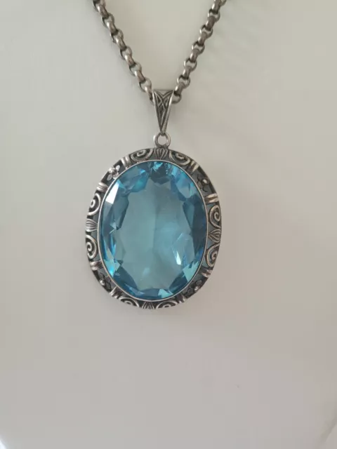 Jugendstil  800er Silber Anhänger großer Aquamarin + Silber Kette Antikschmuck