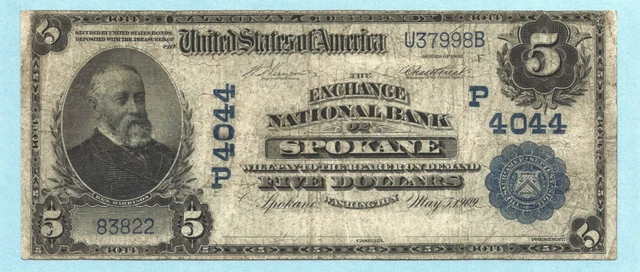 $5 National Currency 1902 PB - Ch#4044 - Exchange NB, Spokane, WA - F+/VF