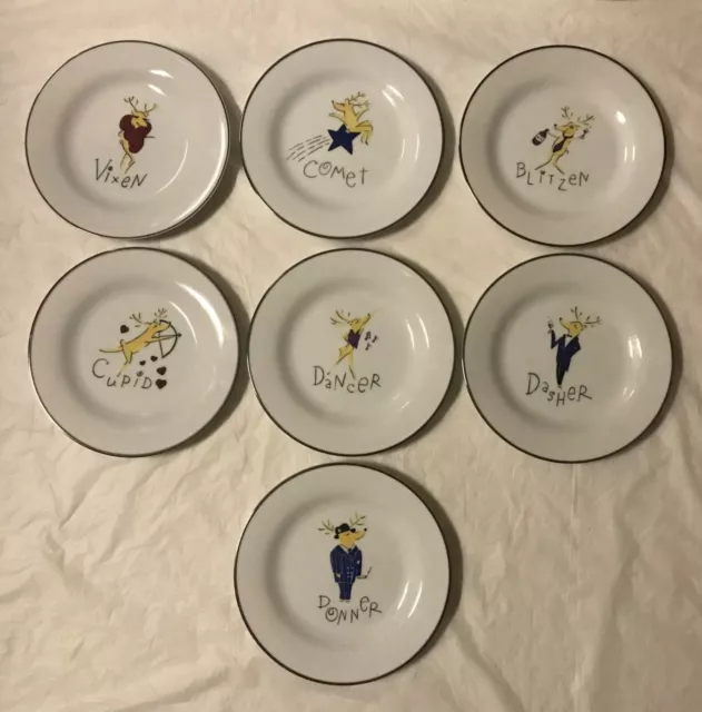 Pottery Barn Reindeer 8 1/2” Plates Set Of Seven New Christmas/Holiday